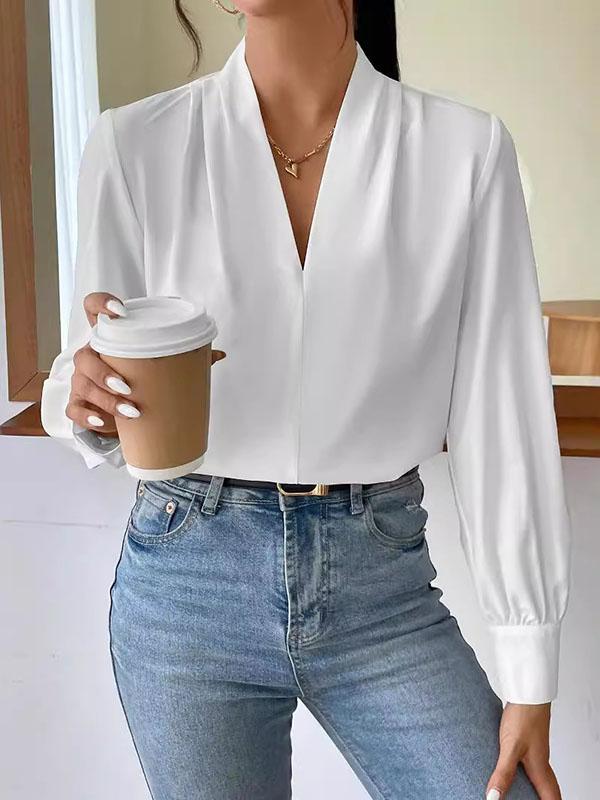 Long Sleeves Loose Pleated Solid Color Split-Joint V-Neck Blouses&Shirts Tops Product Image