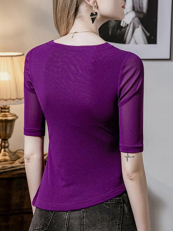 Half Sleeves Plus Size Asymmetric Pleated Solid Color Split-Joint Round-Neck T-Shirts Tops Product Image