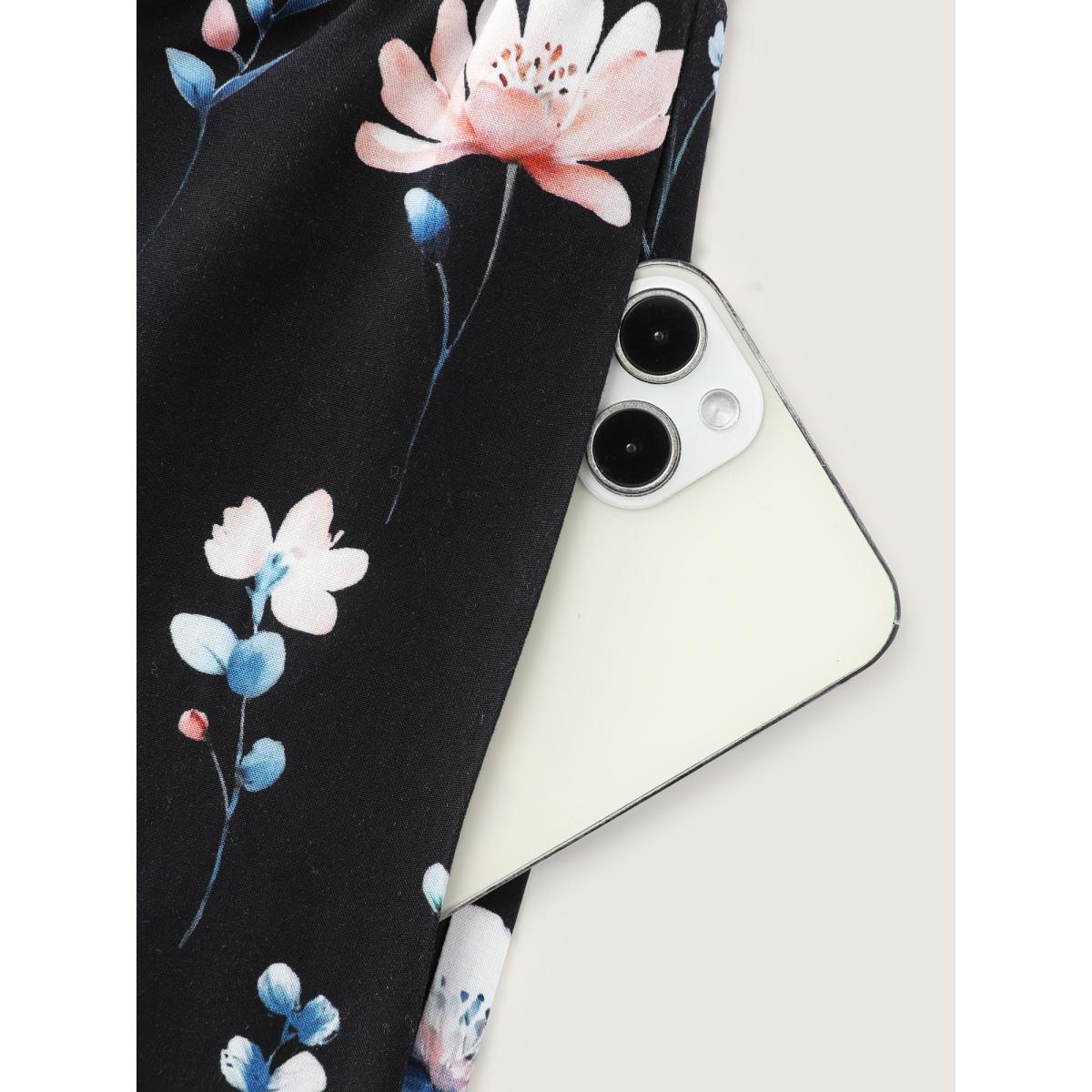 Plus Size Floral Print Drawstring Waist Loose Fit Pants Women BlackFlower Leisure Straight Leg Mid Rise Casual Pants BloomChic 18-20/2X Product Image