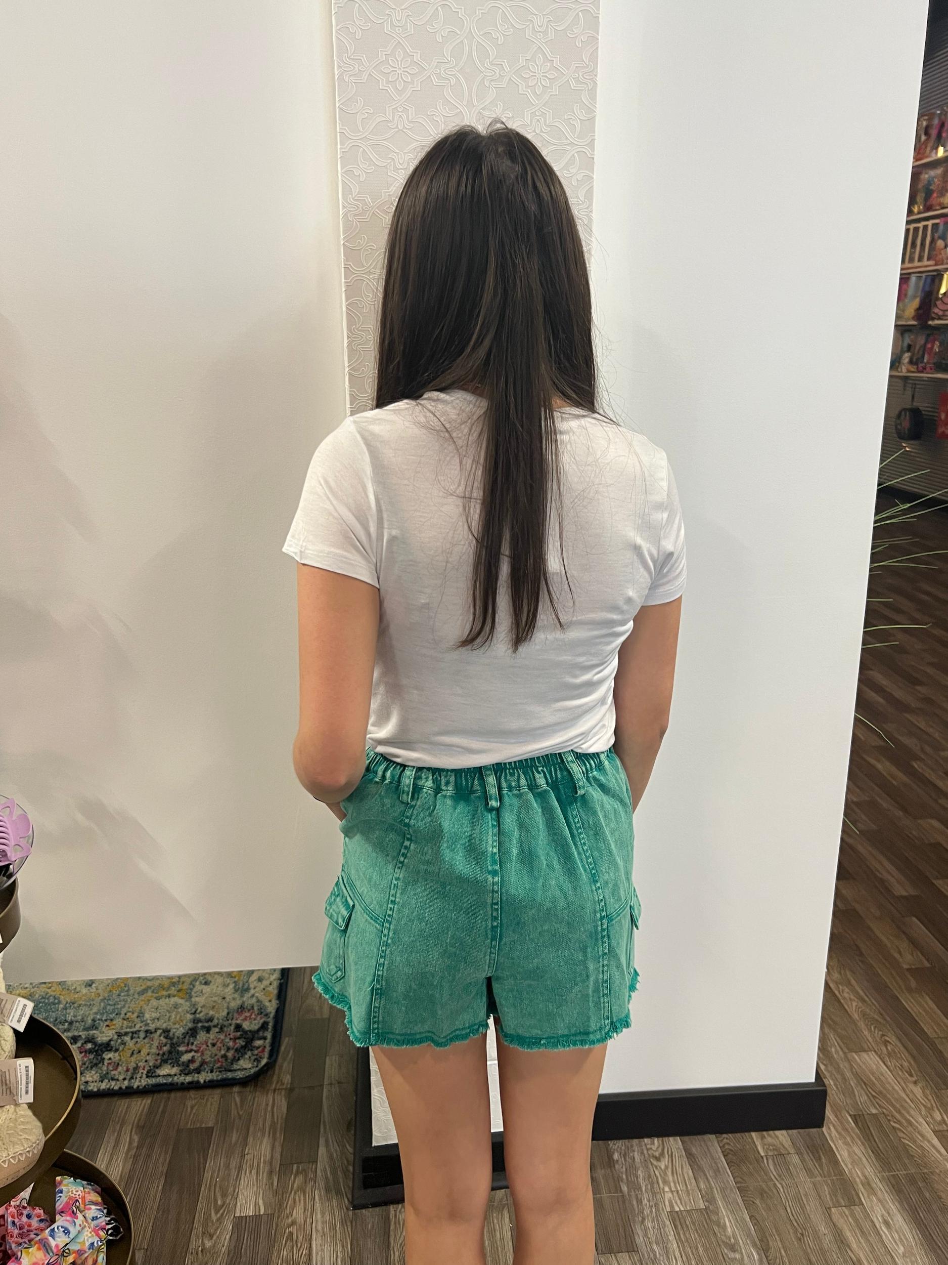 Green Washed Cotton Twill Washed Denim Cargo Shorts Product Image