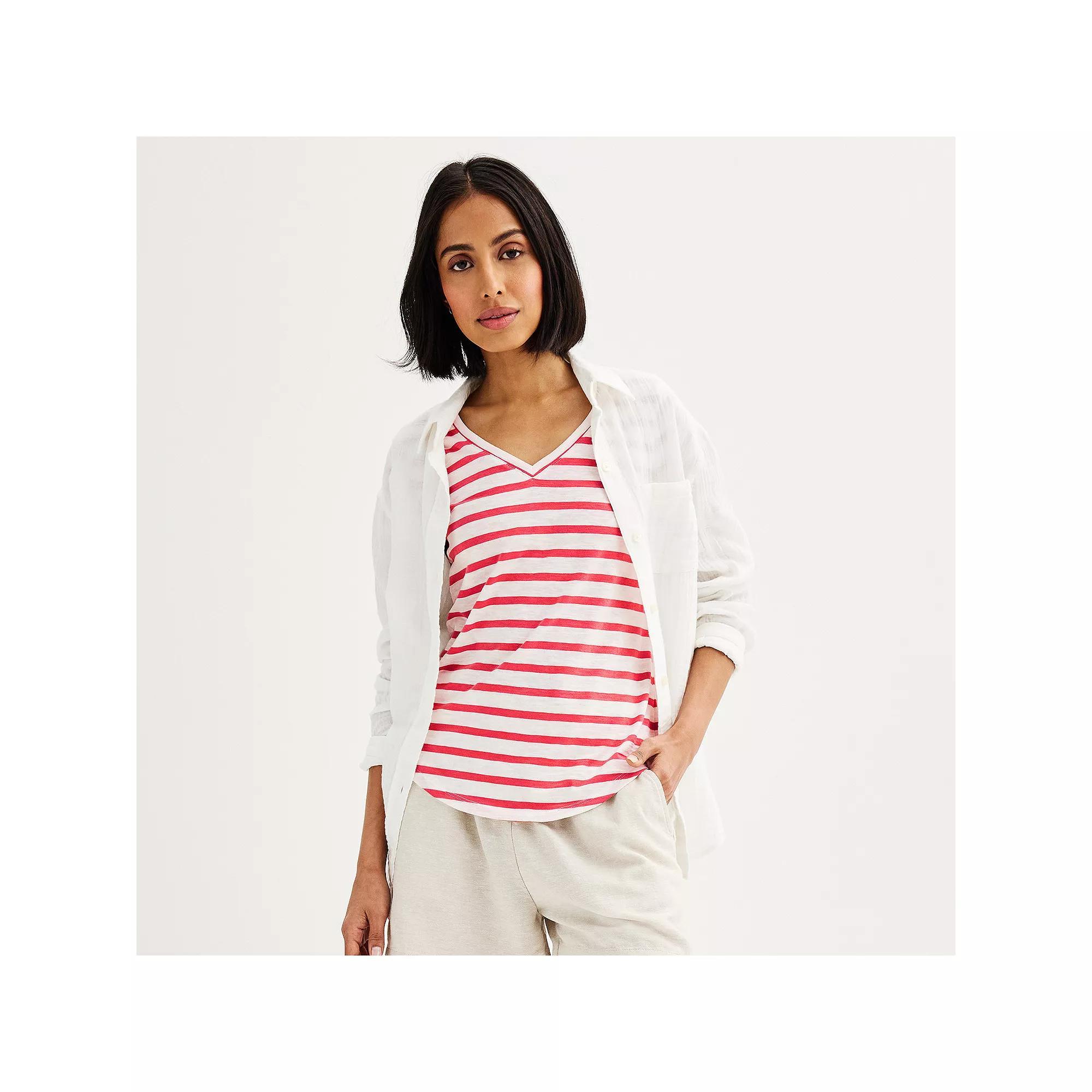 Women's Sonoma Goods For Life® Everyday Short Sleeve V-Neck Tee, Size: XXL, Small Red Stripe Product Image