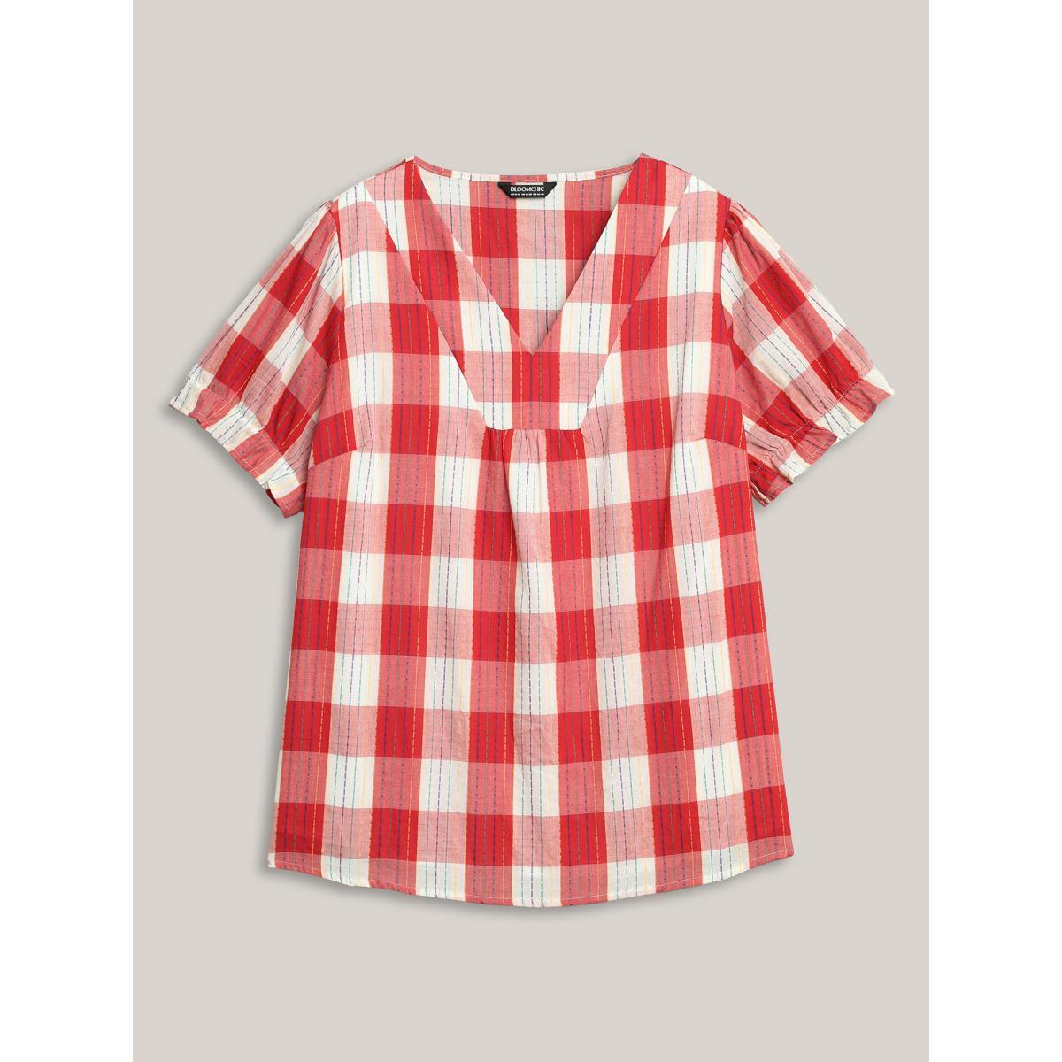 Plus Size Multicolor Cotton Plaid Print V-Neck Puffy Sleeve Blouse Women Playful Short sleeve V-neck Casual Blouses BloomChic 30/6X Product Image