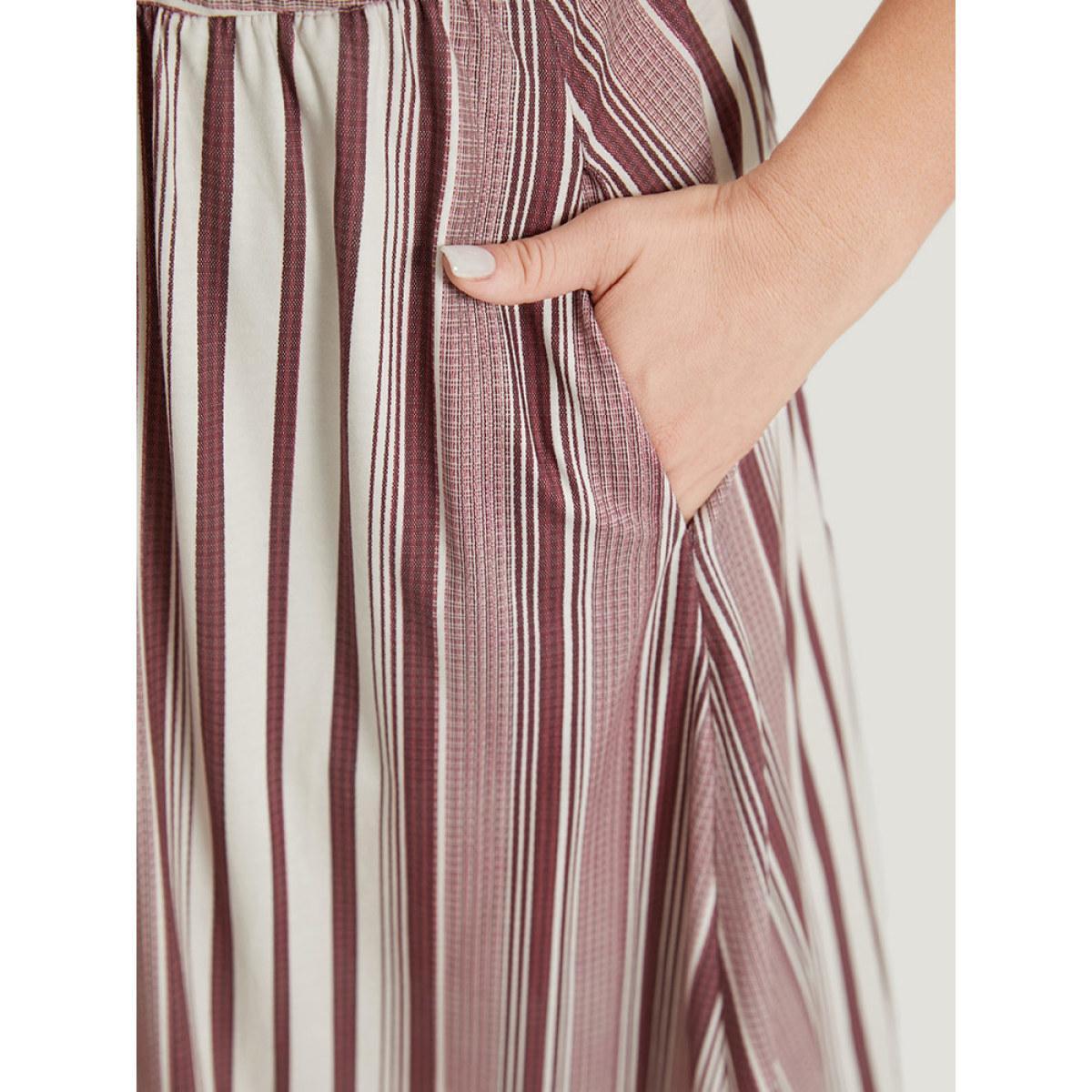 Plus Size Striped Pocket Elastic Waist Keyhole Dress Burgundy Women Casual Cut-Out Round Neck Short sleeve Curvy Midi Dress BloomChic 12/L Product Image