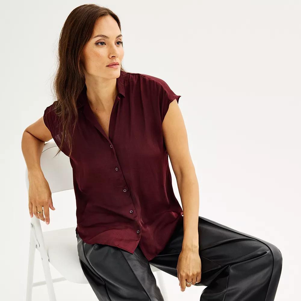 Women's Petite Nine West Short Sleeve Easy Lapel Shirt,  Product Image