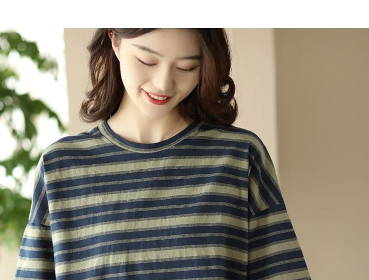 Elbow-Sleeve Crew Neck Striped T-Shirt Product Image