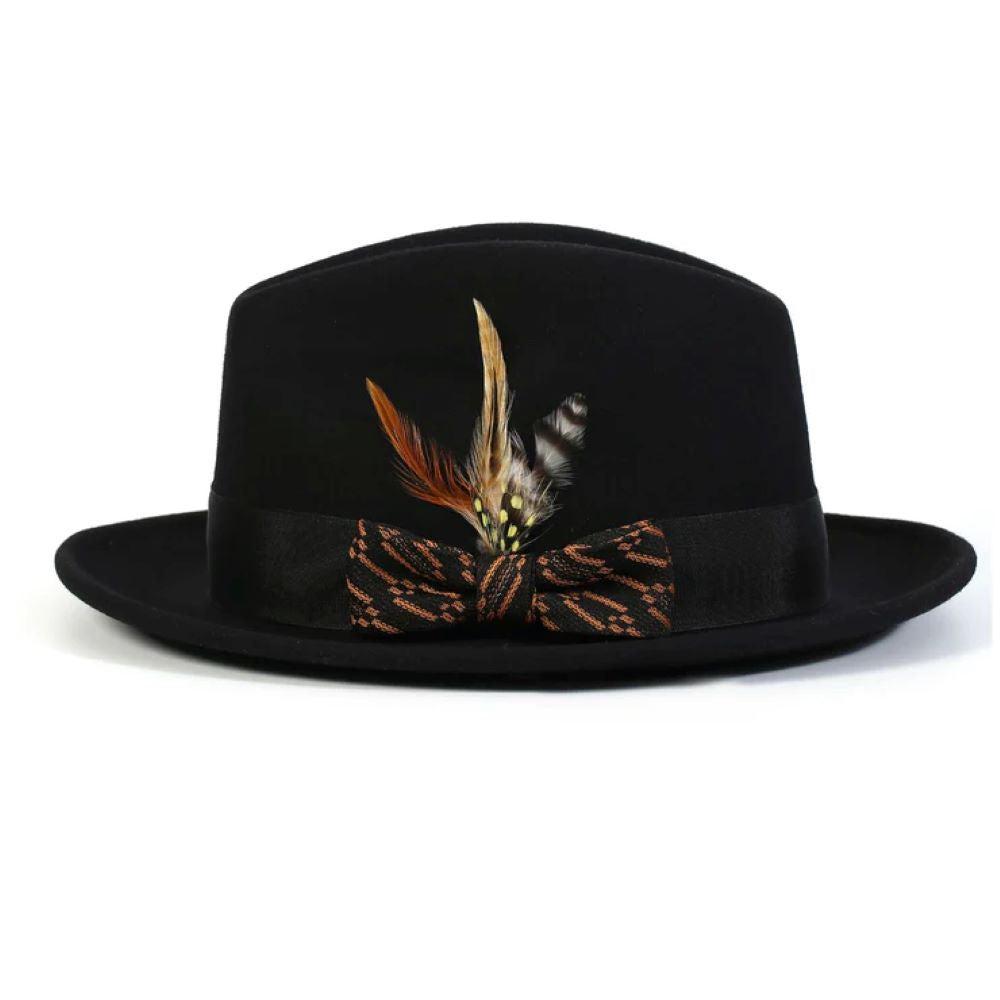 Black Wool Felt Fedora Hat with Cognac Ribbon 2½ Brim Product Image