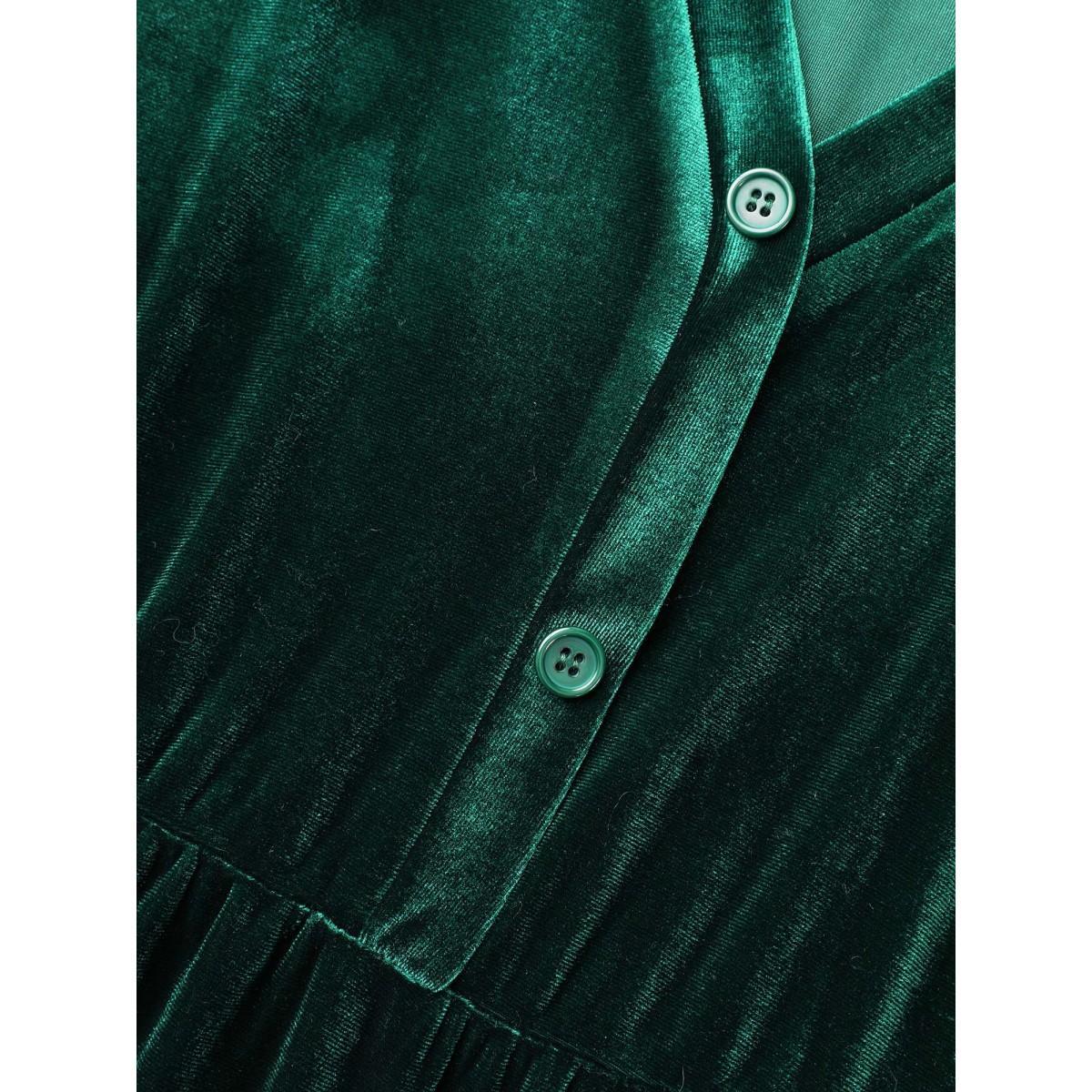 Plus Size Velvet Front Button Pleated Midi Dress DarkGreen Women Cocktail Texture V-neck Long Sleeve Curvy BloomChic 12/L Product Image