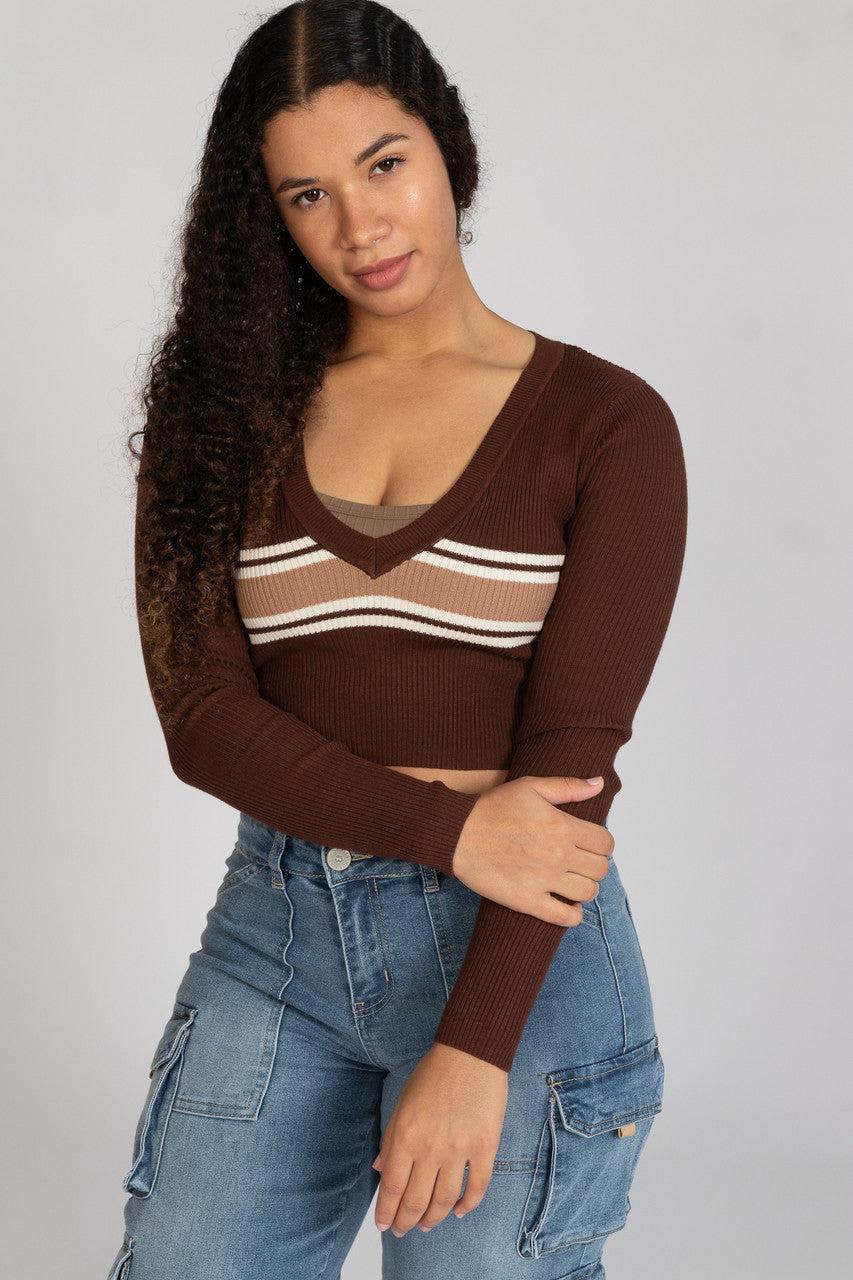 Ribbed V Neck Stripe Sweater Product Image