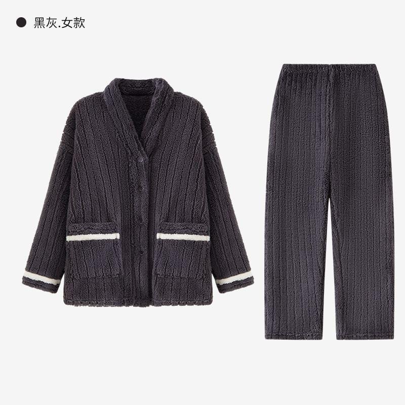 Pajama Set: Long-Sleeve V-Neck Contrast Trim Button-Up Fleece Top + Pants Product Image