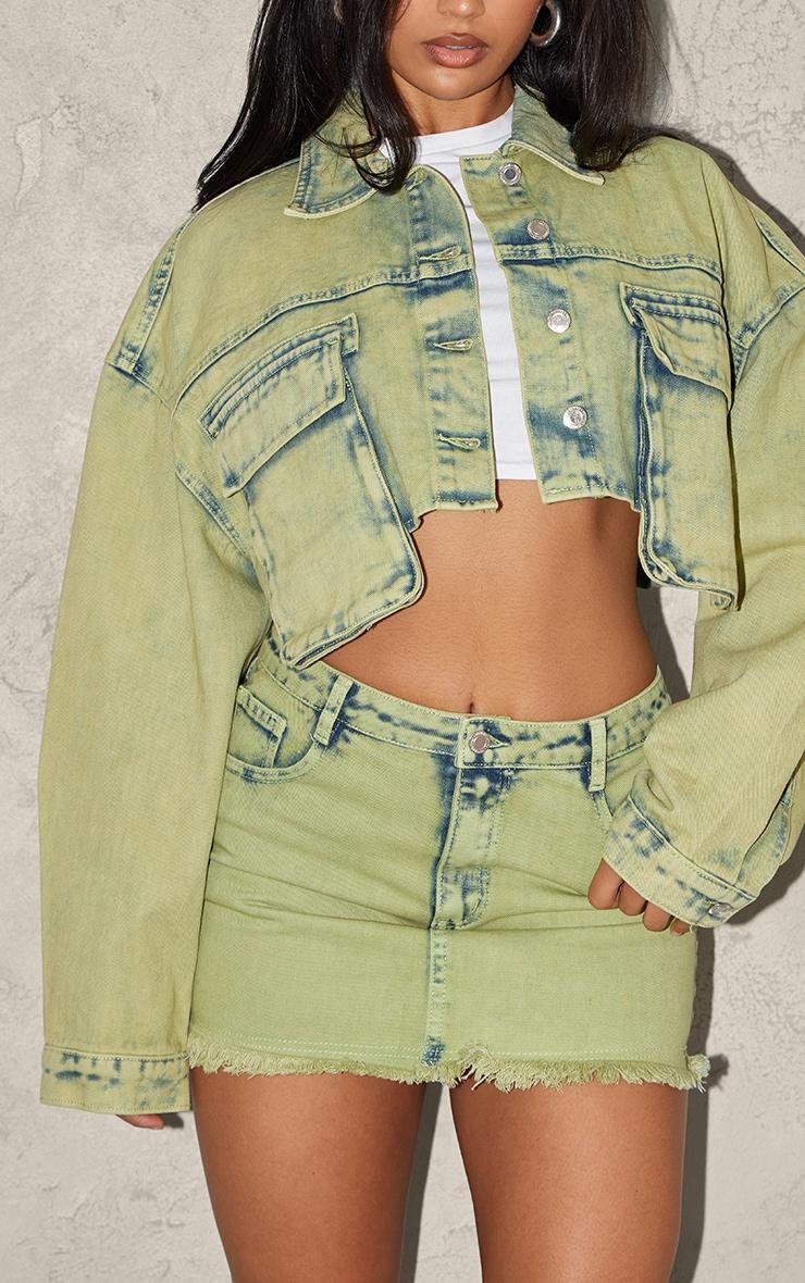 Green Tint Acid Wash Crop Denim Jacket Product Image