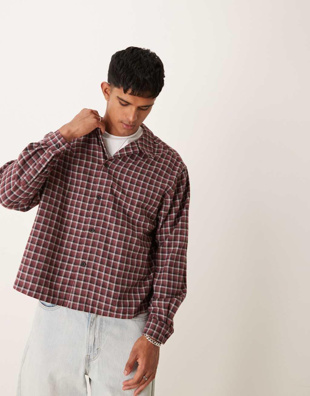 ASOS DESIGN oversized boxy shirt in burgundy check Product Image