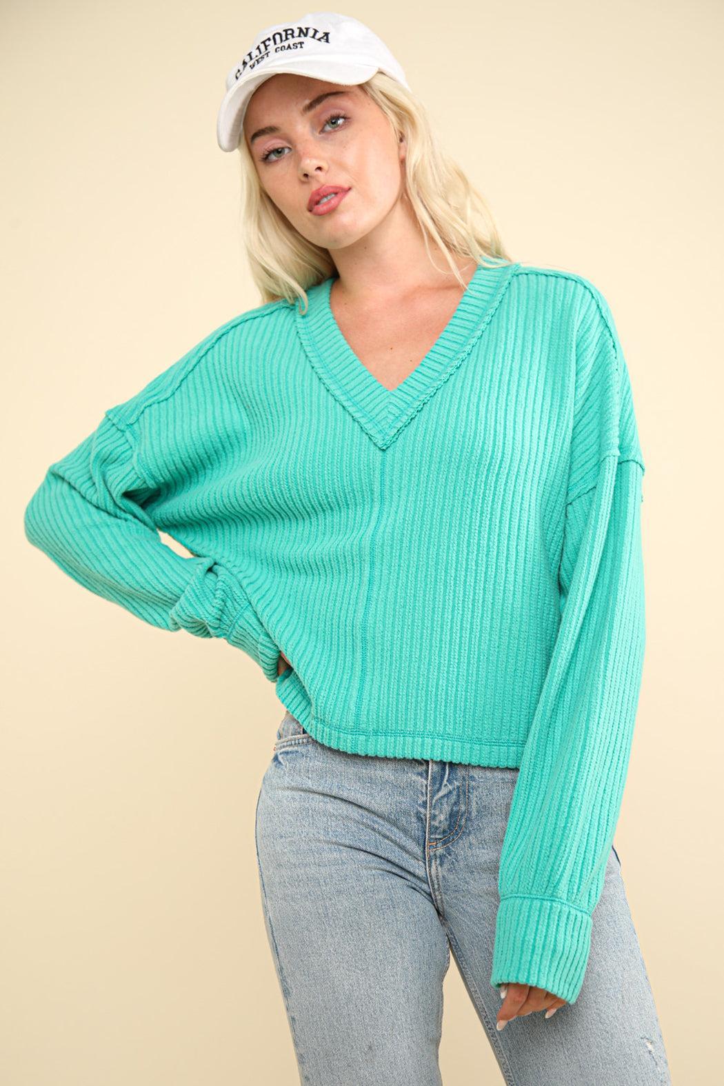 Seafoam Ribbed V-Neck Product Image