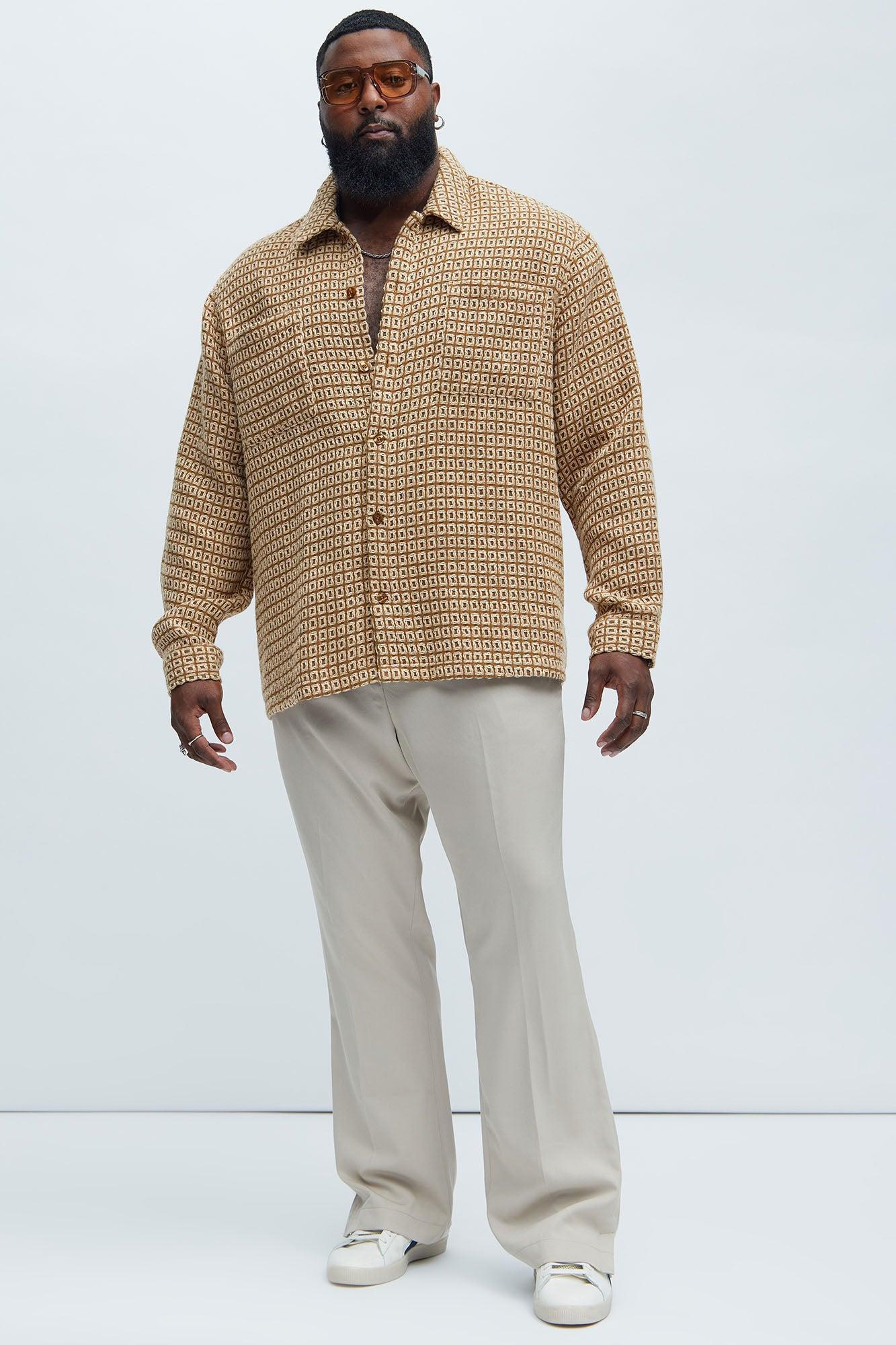 Oversized Island Textured Button Up Shirt - Brown Combo Product Image