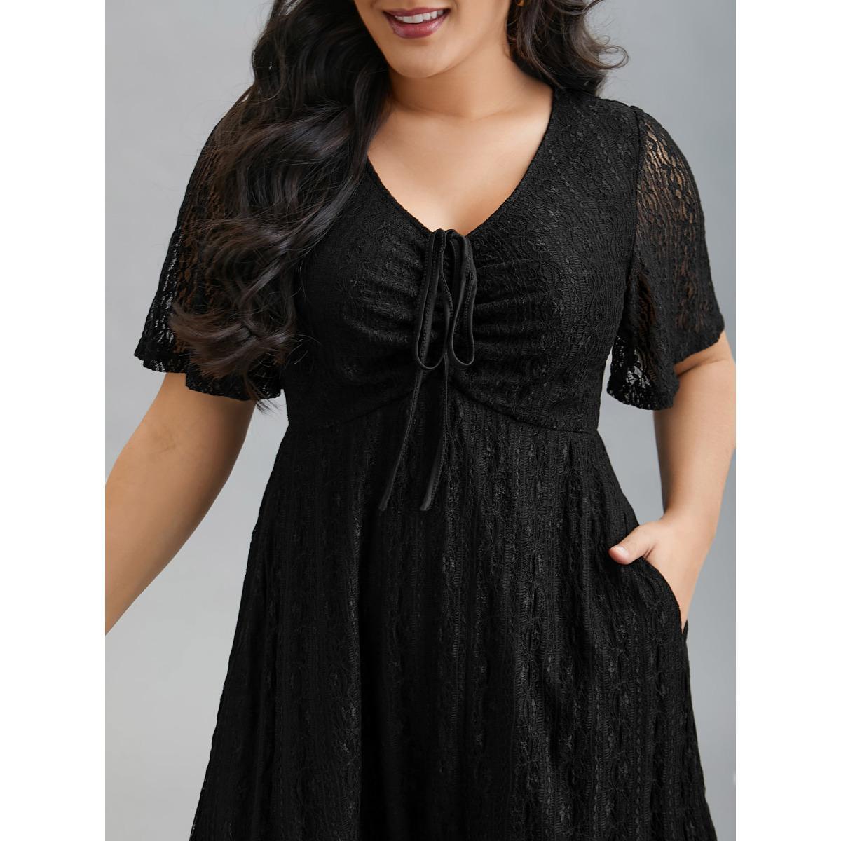 Plus Size Lace V-Neck Bow Drawstring Midi Dress Black Women Casual Tie knot Knit Dresses Bloomchic 12/L Product Image