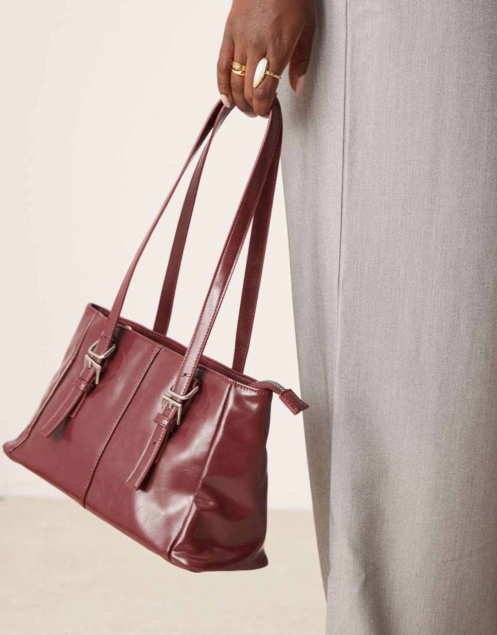 Glamorous shoulder tote bag in burgundy faux patent  Product Image