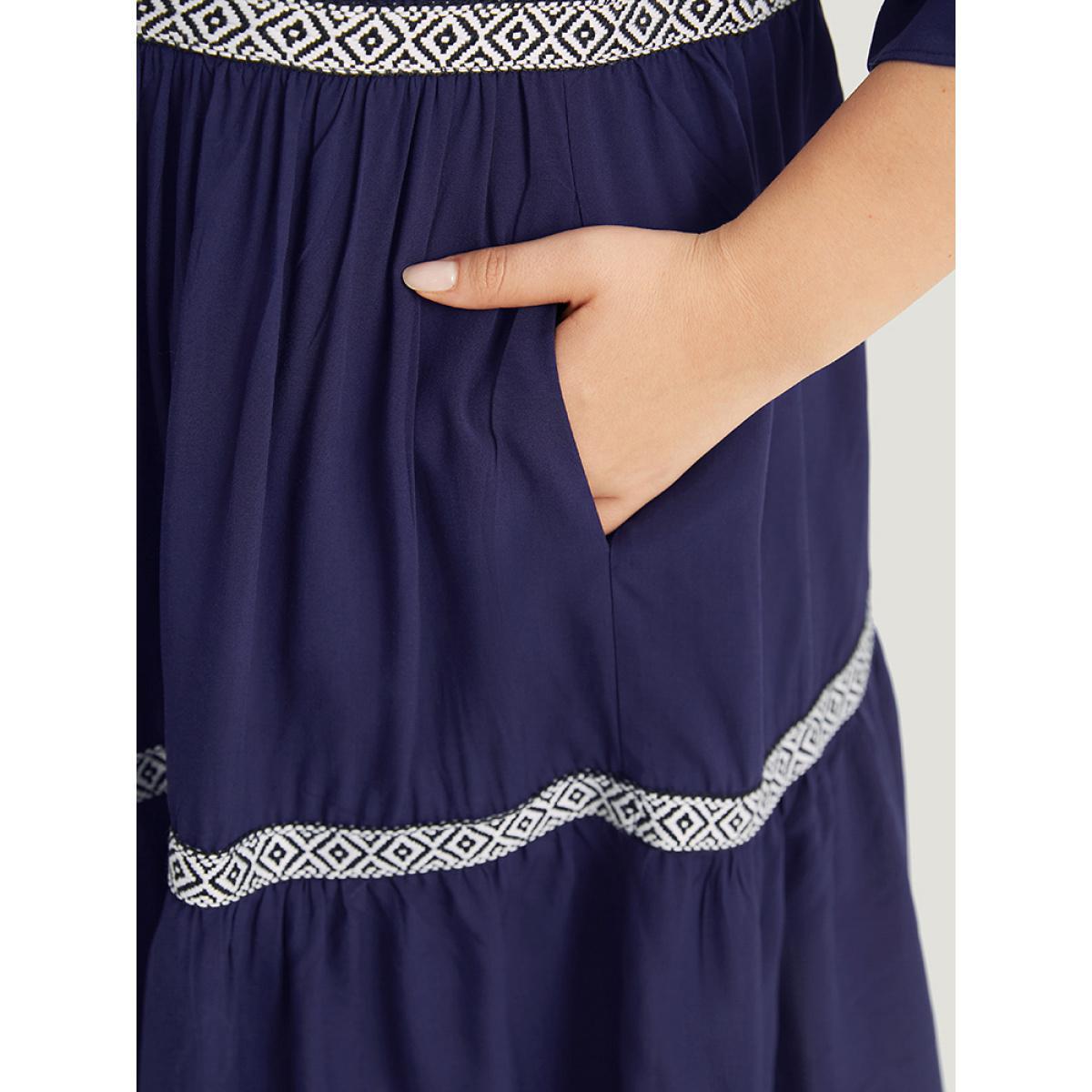 Plus Size Geometric Trim Notched Bell Sleeve Dress DarkBlue Women Vacation Pleated Notched collar Half Sleeve Curvy Midi Dress BloomChic 14-16/1X Product Image