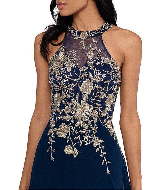 Betsy & Adam Halter Neck Floral Embroidered Sleeveless Chiffon Gown Product Image