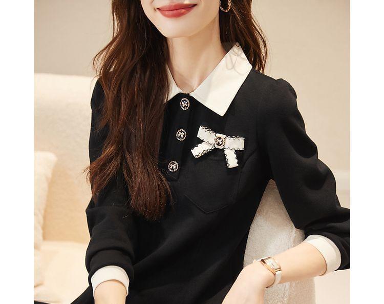 Long-Sleeve Collar Henley Two Tone A-Line Dress Product Image