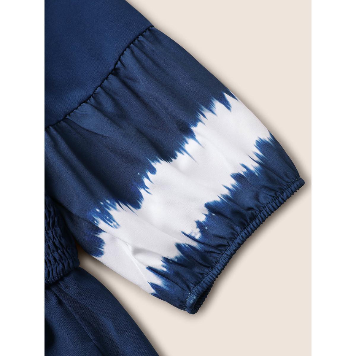 Plus Size Tie Dye Shirred Pocket Notched Dress DarkBlue Women Casual Non Notched collar Half Sleeve Curvy Midi Dress BloomChic 18-20/2X Product Image