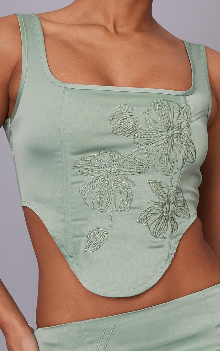 Sage Green Satin Floral Embroidered Corset Product Image