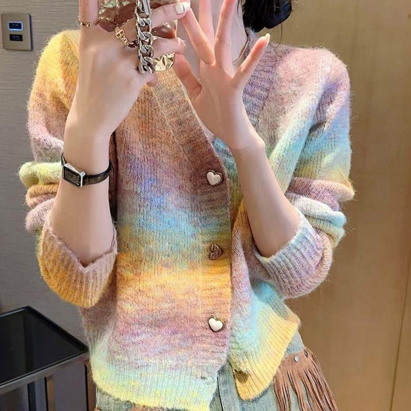 V-Neck Gradient Heart Button Cardigan Product Image