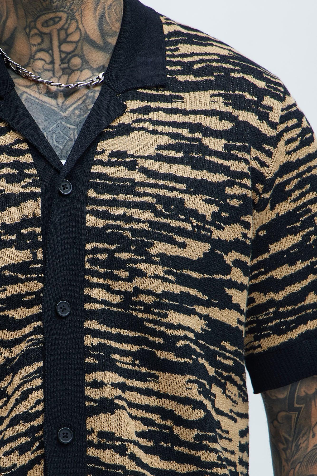 Zebra Pattern Knit Button Down Shirt - Black/combo Product Image