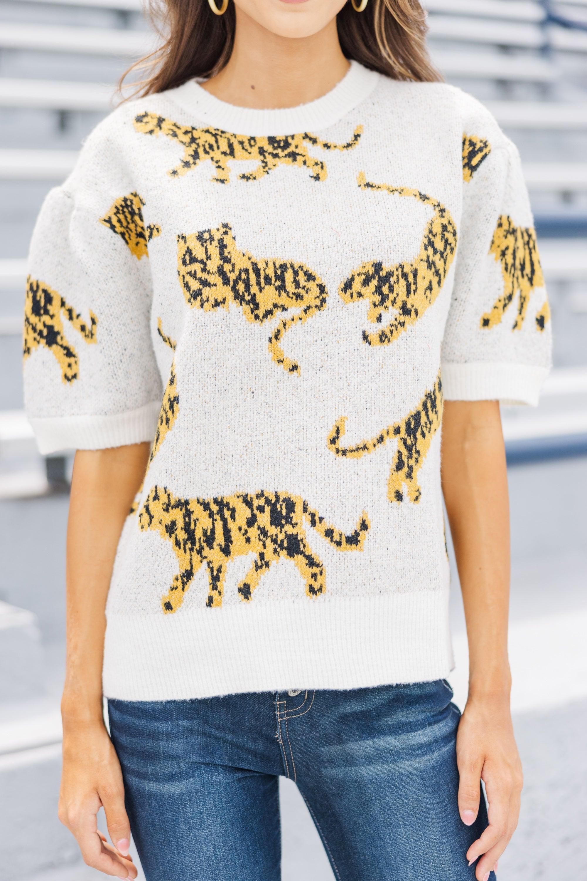 On The Prowl Ivory White Tiger S/S Sweater Female Product Image