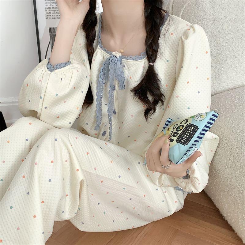 Pajama Set: Puff-Sleeve Dotted Lace Trim Button-Up Shirt + Pants Product Image