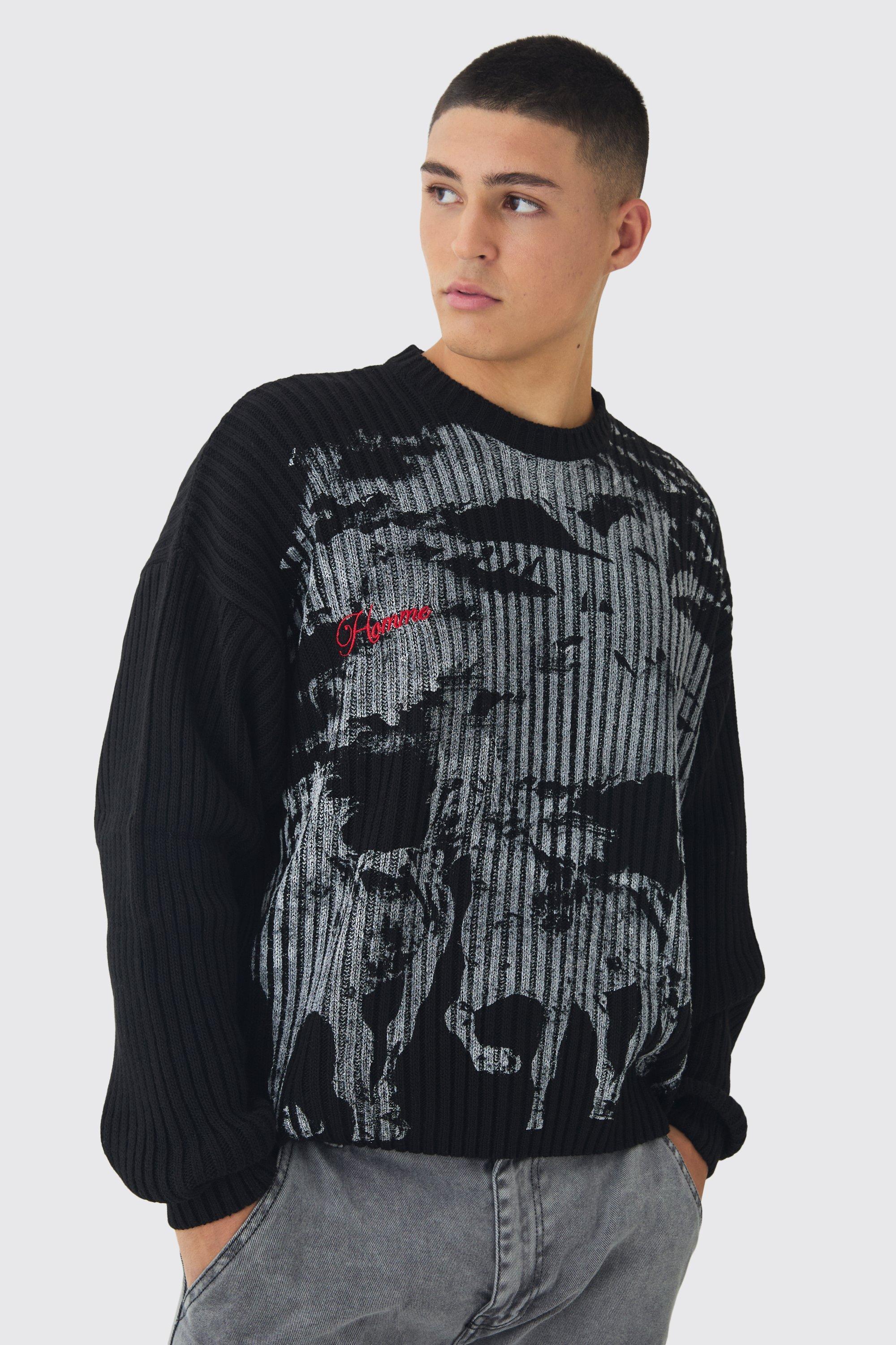 Relaxed Dropped Shoulder Graphic Print Knitted Sweater | boohooMAN USA Product Image