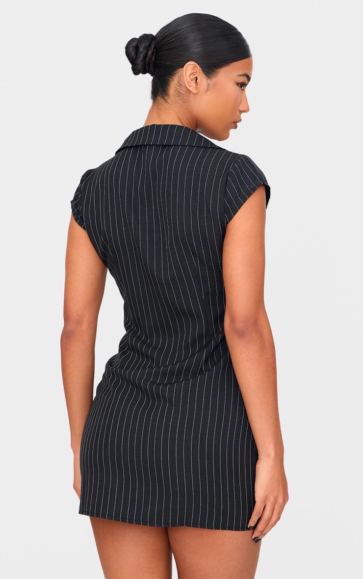  Black Pinstripe Pocket Detail Zip Up Mini Dress Product Image