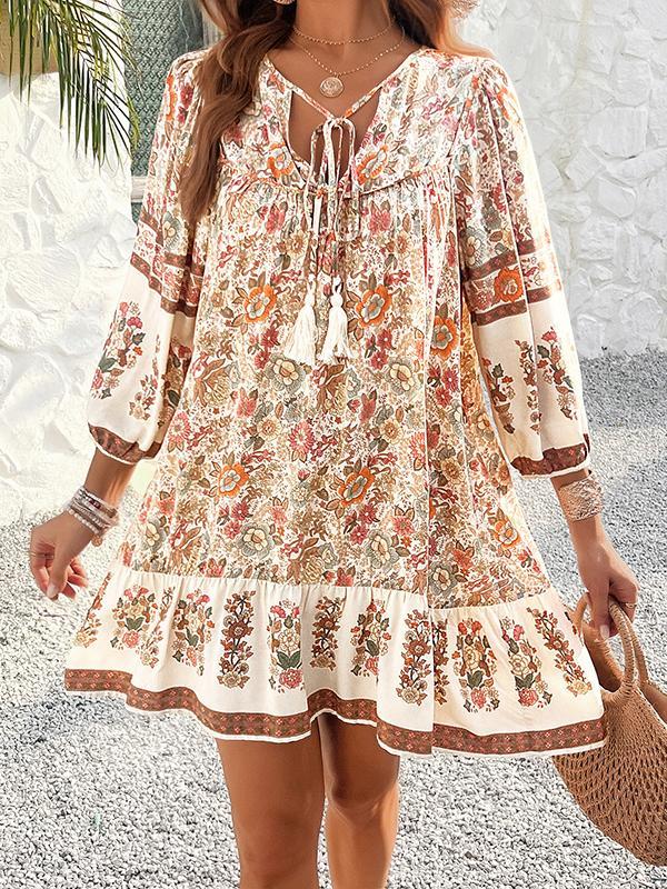 A-Line Loose Contrast Color Drawstring Flower Print Pleated Split-Joint V-Neck Mini Dresses Product Image