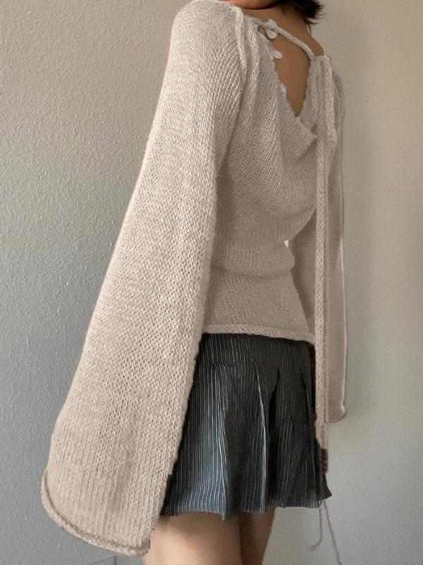 Solid Color Backless Lace Up Long Sleeve Knit Product Image