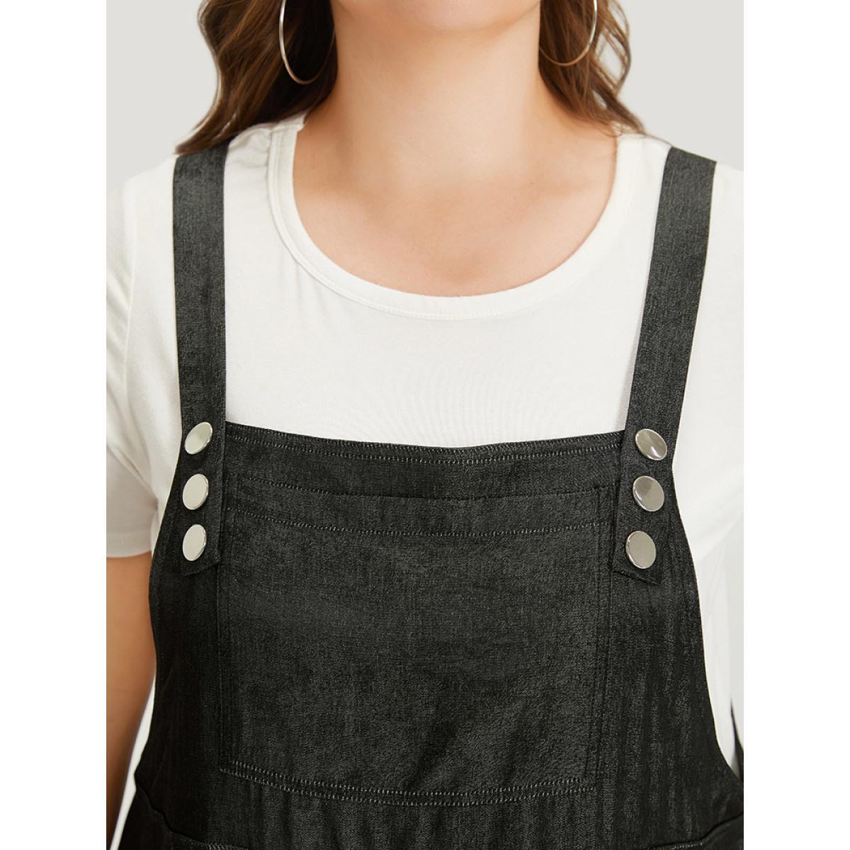 Plus Size Solid Sleeveless Gathered Pocket Overall Midi Dress Black Women Casual Adjustable Straps Spaghetti Strap Sleeveless Curvy Midi Dress BloomChic 18-20/2X Product Image