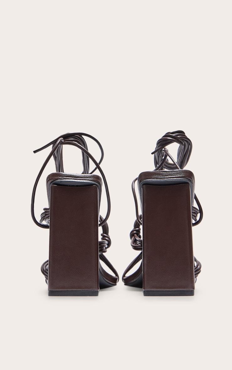 Chocolate Pu Square Toe Strappy Lace Up Block Heeled Sandals Product Image
