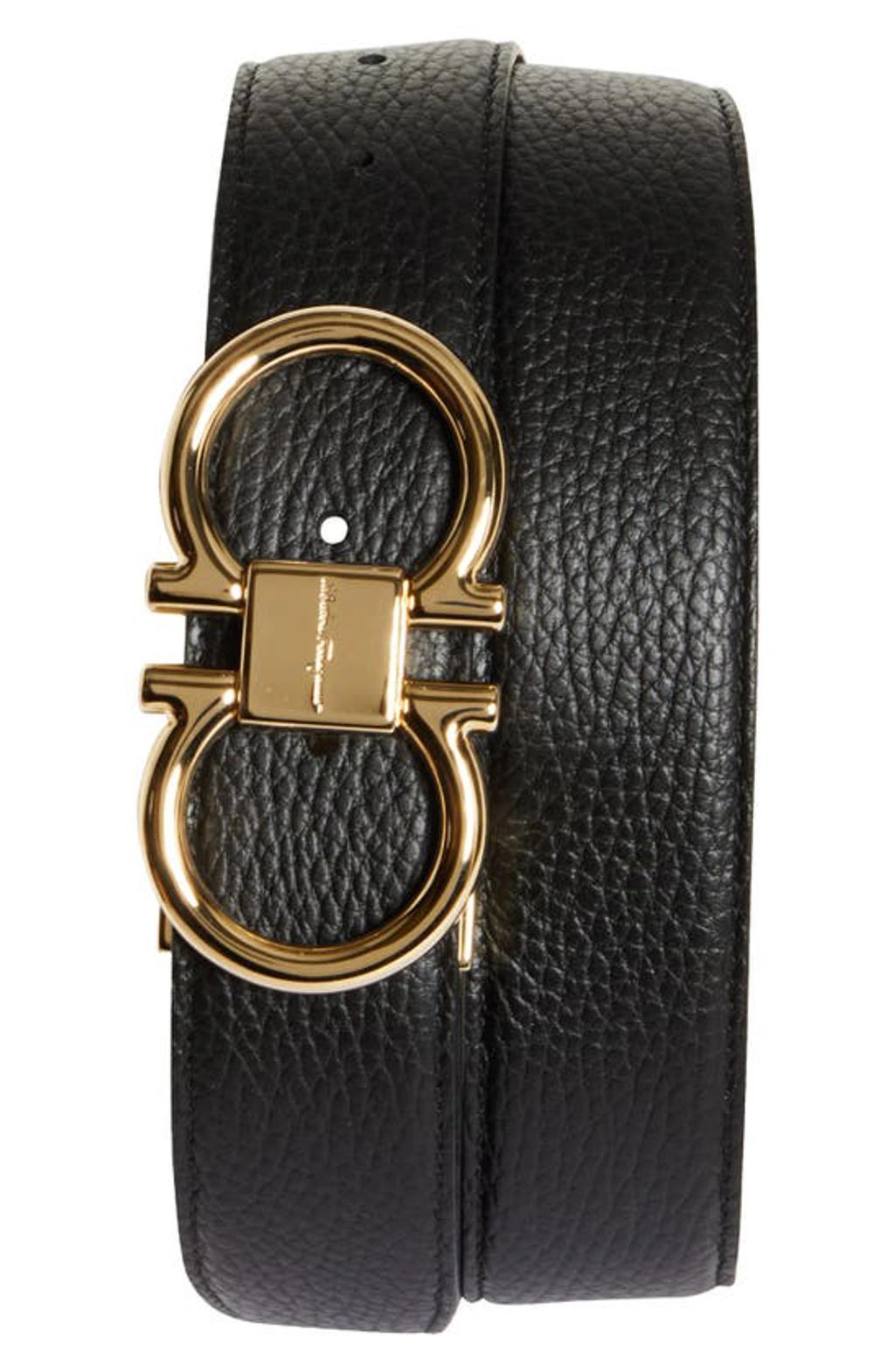 FERRAGAMO Reversible Double Gancio Leather Belt In Nero Cocoa Brown Product Image