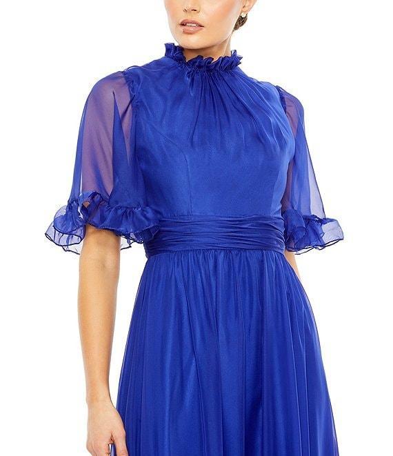 Mac Duggal Ruffled Mock Neck Short Flutter Sleeve High-Low Hem Gown Product Image