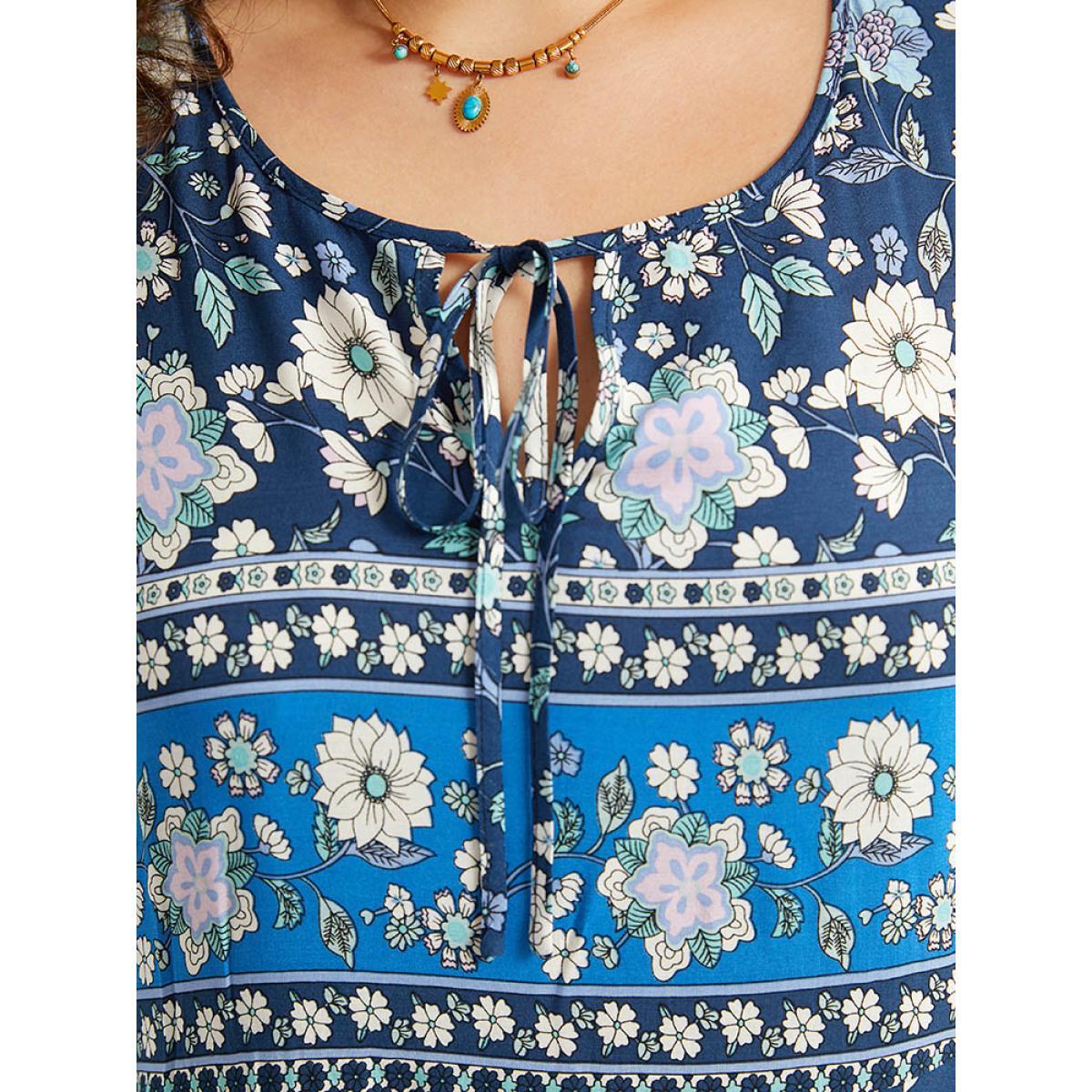 Plus Size Floral Print Pocket Knot Neck Dress Indigo Women Vacation Cross straps Tie Neck Long Sleeve Curvy Midi Dress BloomChic 26/4X Product Image