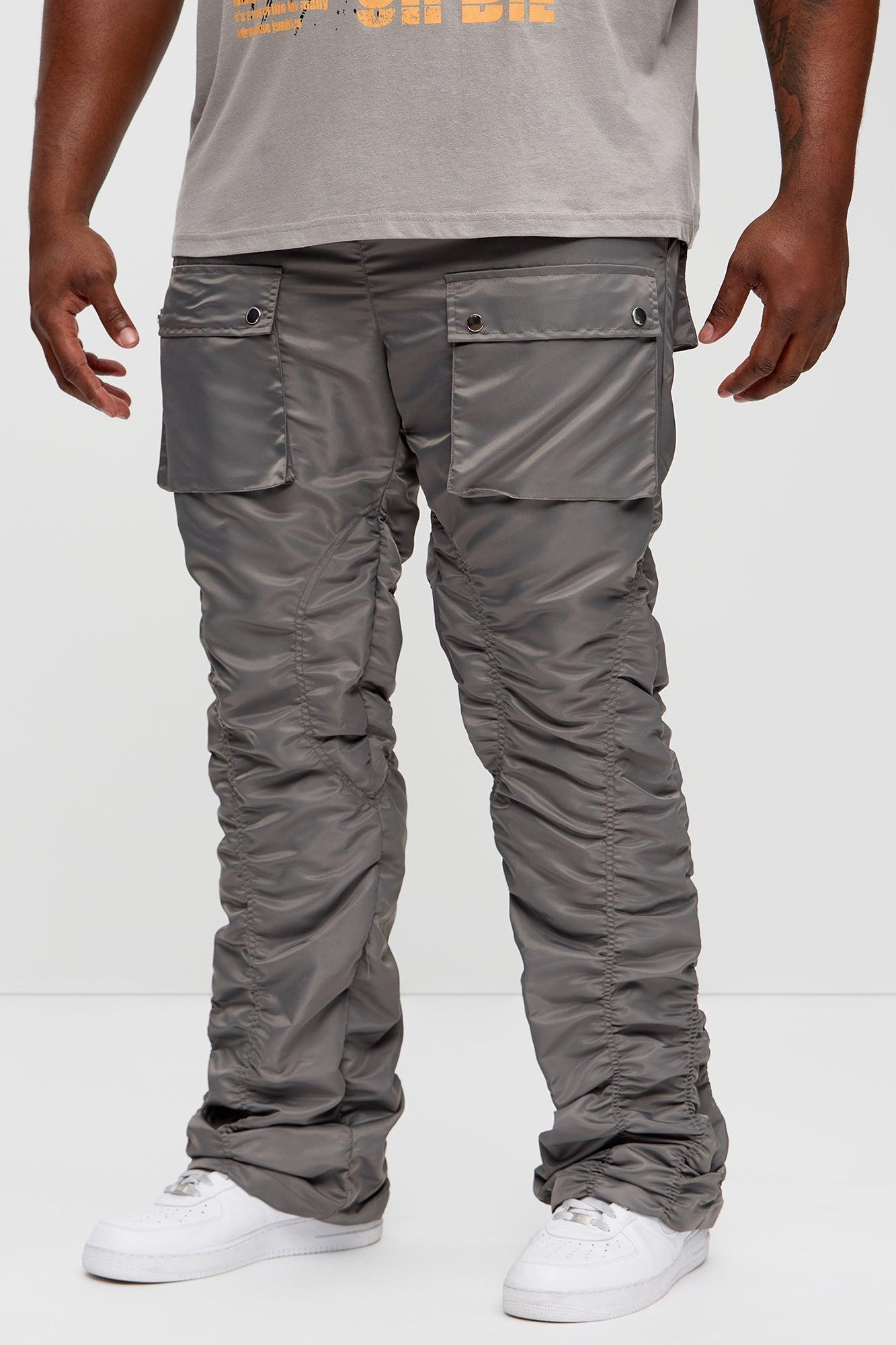 Scrunched Flared Nylon Cargo Pants - Charcoal Product Image