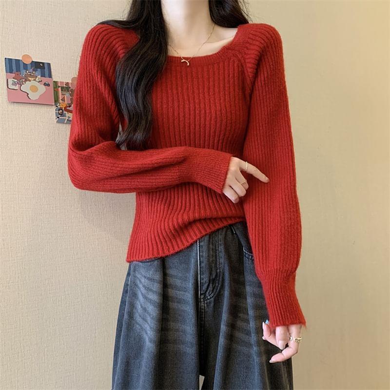 Scoop Neck Plain Ribbed Knit Sweater Product Image