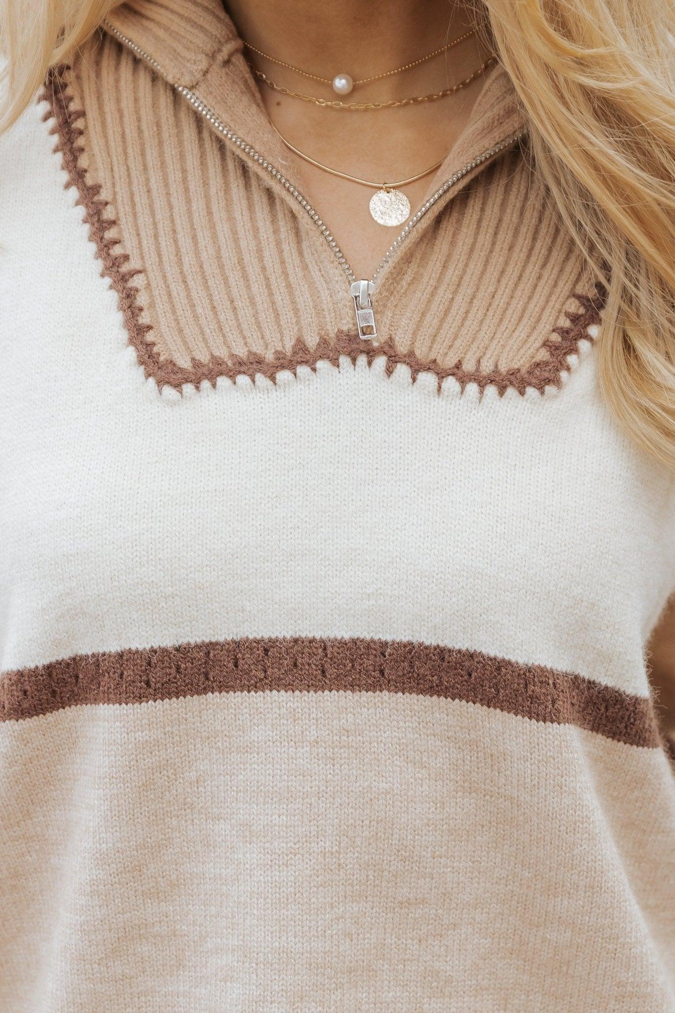 Mocha Color Block Zip Up Sweater - FINAL SALE Product Image