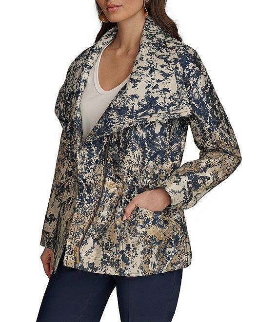 Donna Karan Metallic Jacquard Foldover Collar Elasticized Waist Full Zip Jacket Product Image