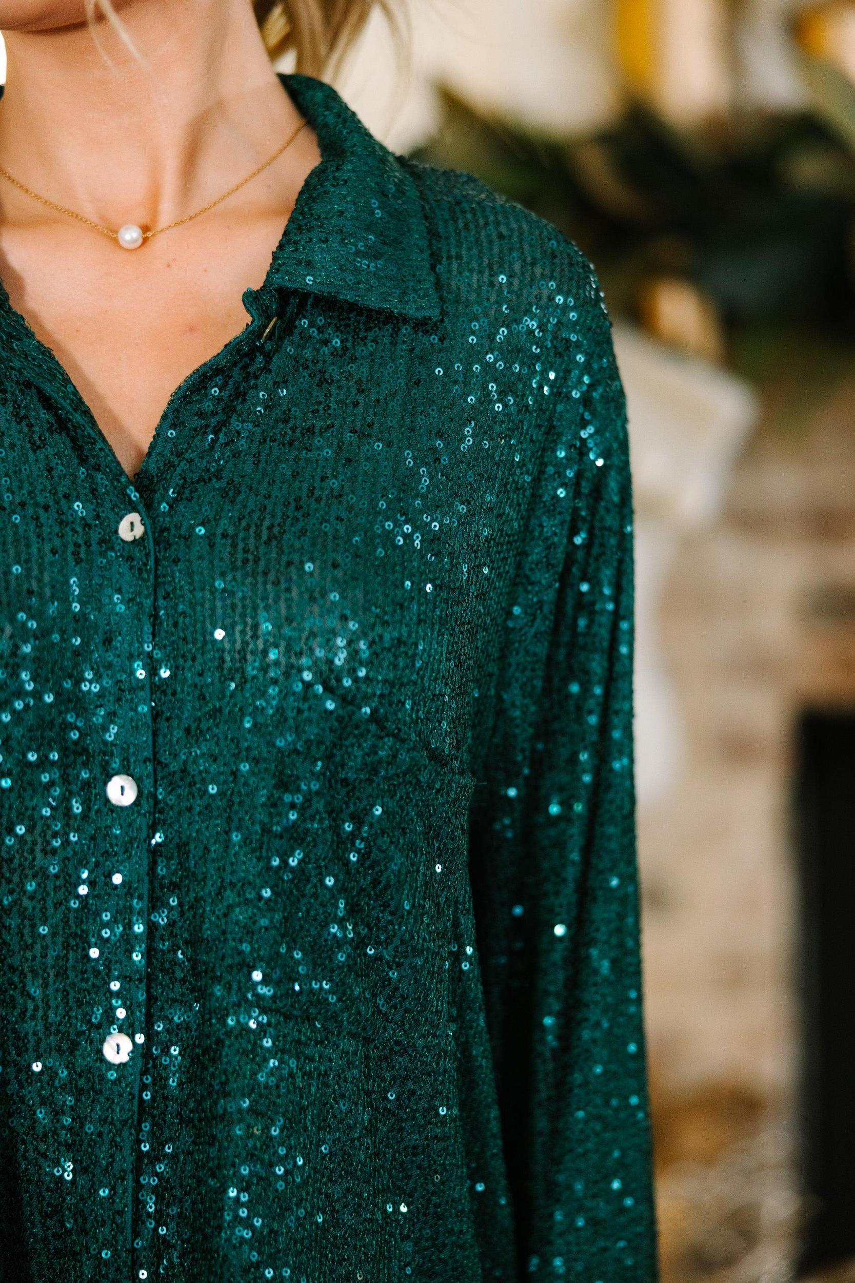 It's A Long Story Deep Green Sequin Blouse Female Product Image