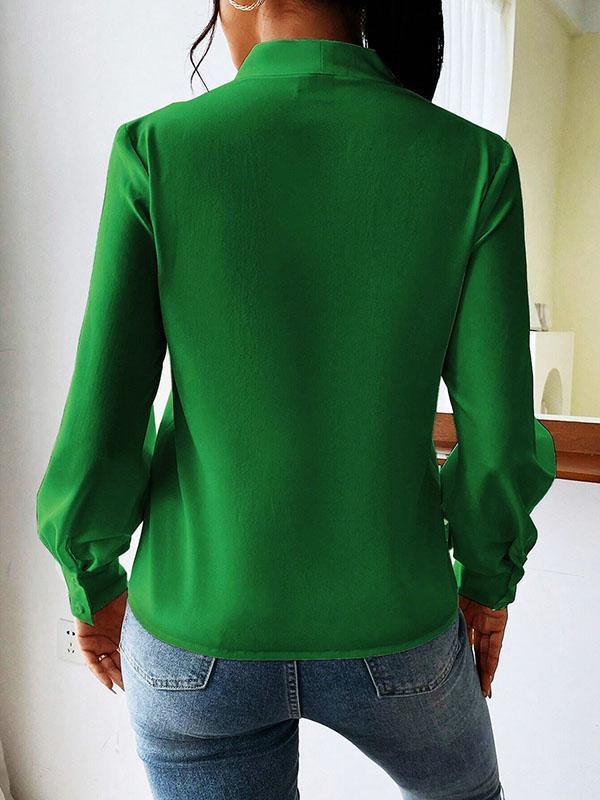 Long Sleeves Loose Pleated Solid Color Split-Joint V-Neck Blouses&Shirts Tops Product Image