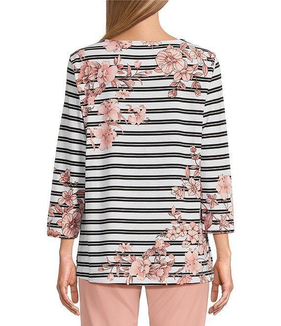 Multiples Stretch Placement Floral Stripe Boat Neck 3/4 Sleeve Fitted Top Product Image