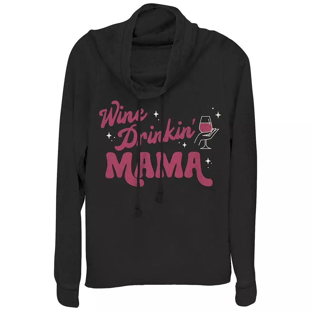 Women's Wine Drinking Mama Cowlneck Graphic Lightweight Long Sleeve, Size: XL, Black Product Image