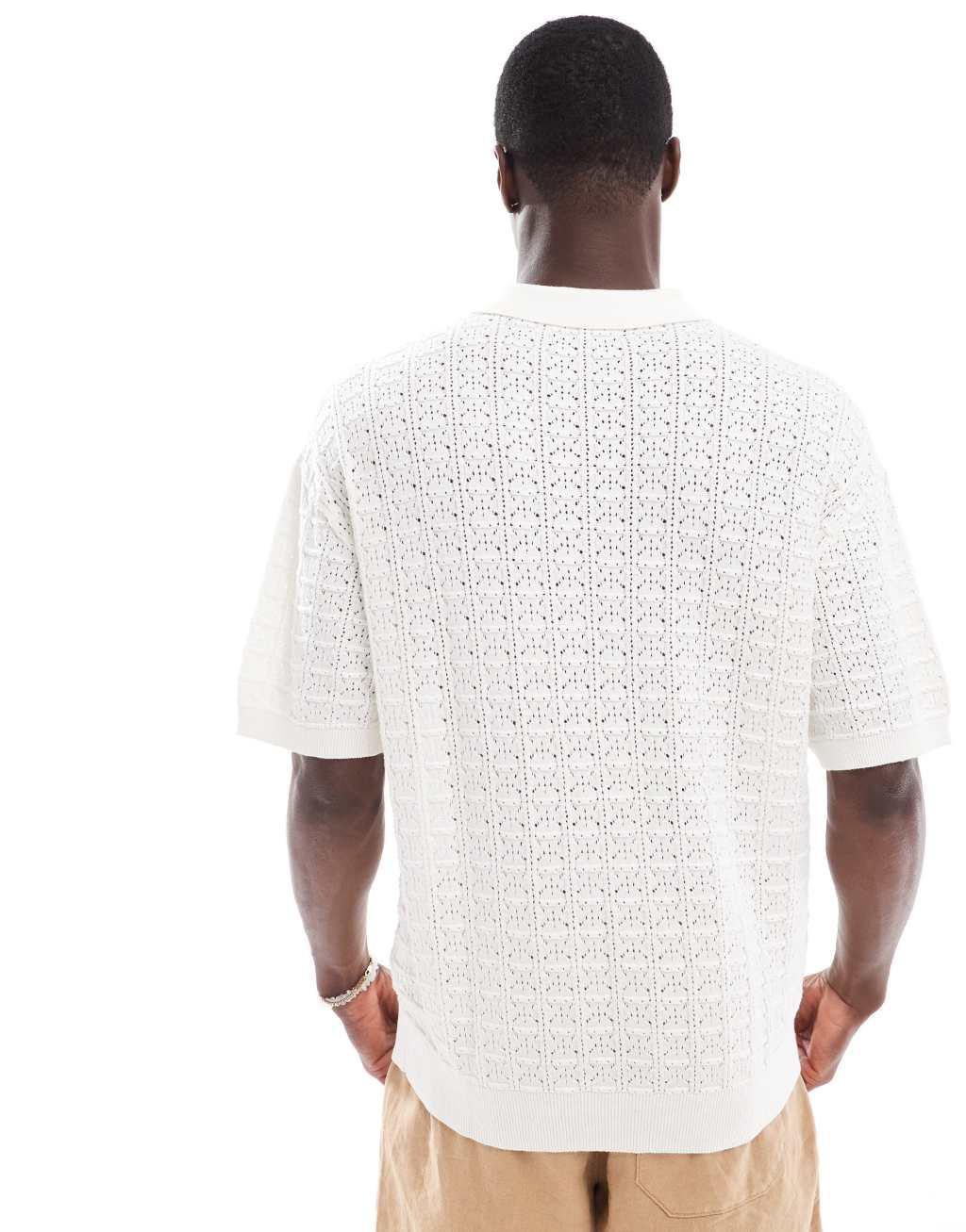 Bershka crochet knit polo in white Product Image