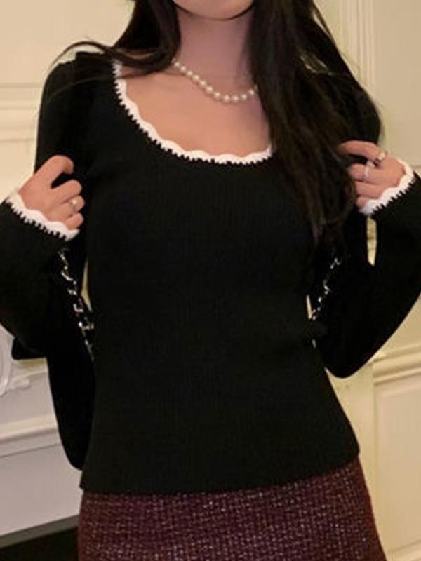 Contrast Color Trim Slim Long Sleeve Knit Product Image