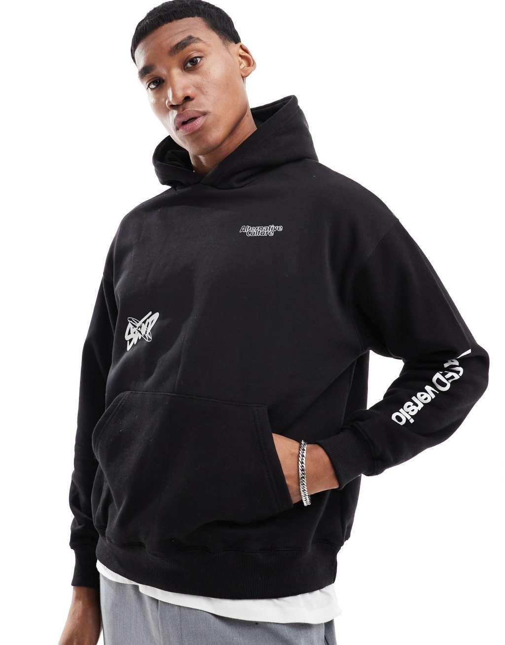 Pull&Bear STWD printed hoodie in black Product Image