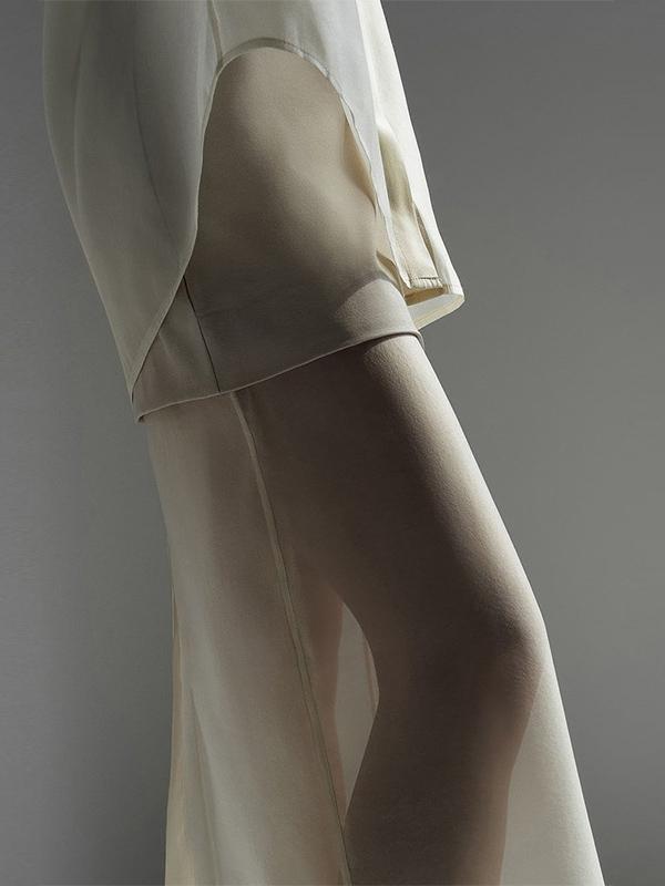 Loose Solid Color See-Through Long Sleeves Lapel Blouse + Skirt Two Pieces Set Product Image