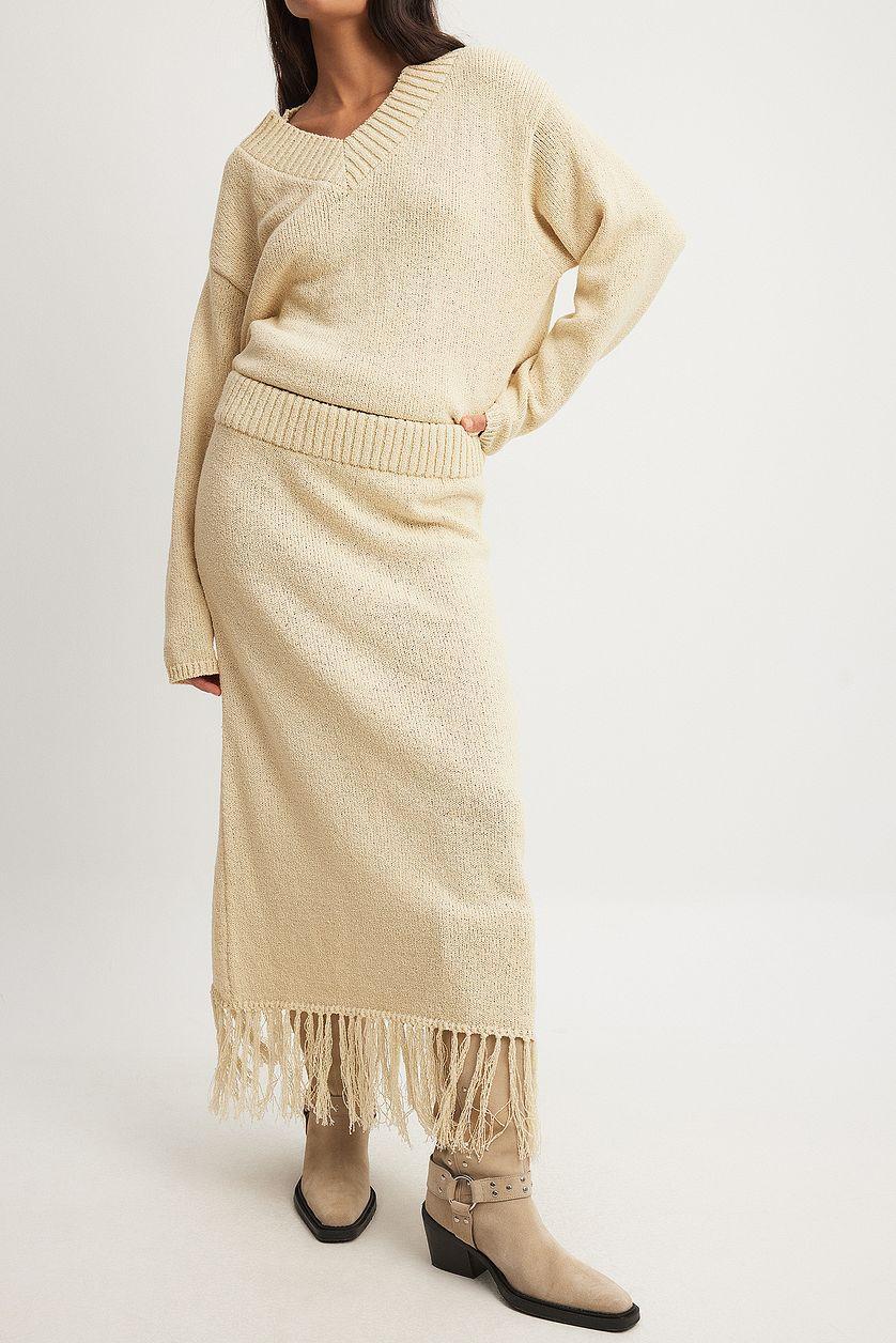 Knitted Fringe Detail Midi Skirt Beige Product Image